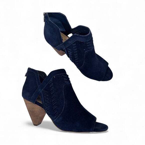 Vince Camuto Shoes - Vince Camuto Blue Suede Leather Laser Cut Ankle Boots Womens 9 Stacked Wood Heel